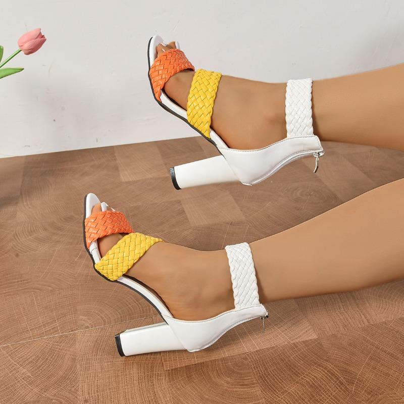 Fashion Temperament Back Zipper Heels Summer Fashion Round Head Braided with Multi-color Anti-slip Wear-resistant Sandals