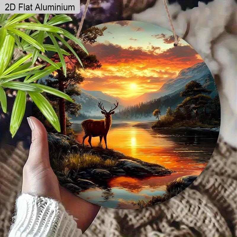 2D Flat Adorable Fawn Christmas Wreath Aluminum Sign -Fawn By The Lake in The Sunset in The Forest Design, Humorous and Festive Christmas Decoration