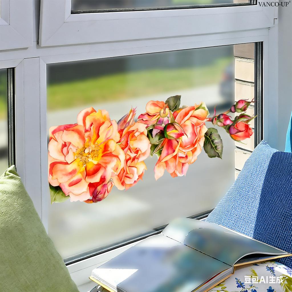Watercolor Orange Rose Static Cling Wall Sticker for Living Room Balcony Entryway Home Decor