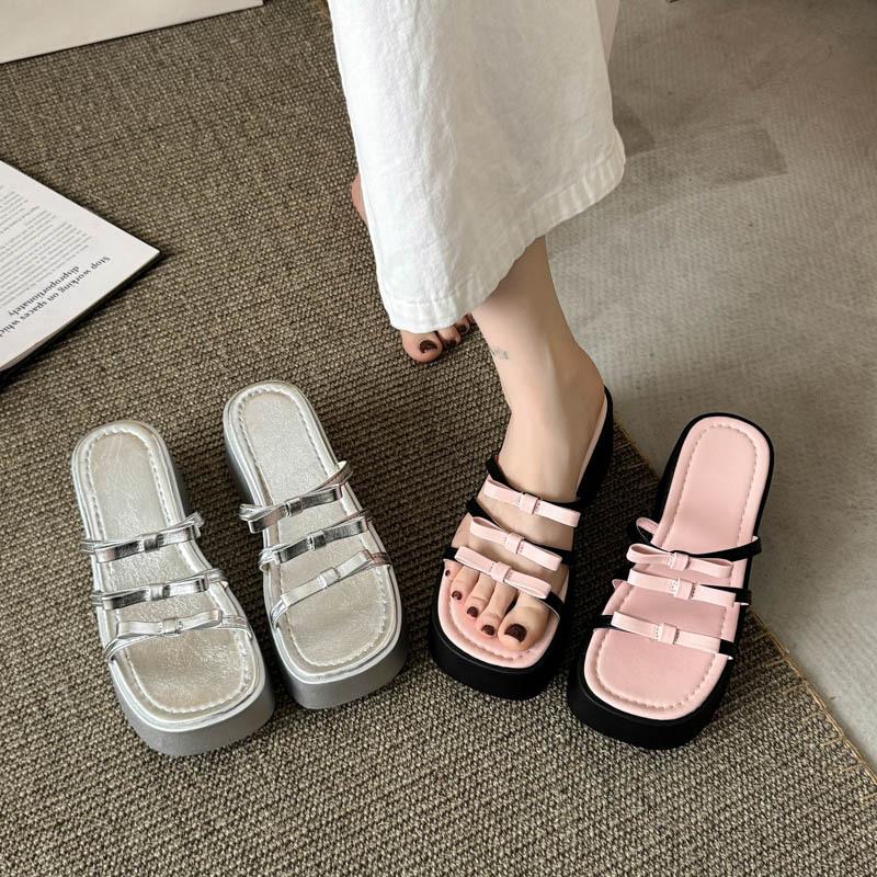 French beautiful bow slippers female summer wear 2025 fairy style thick bottom open toe wedge heel high heel sandals