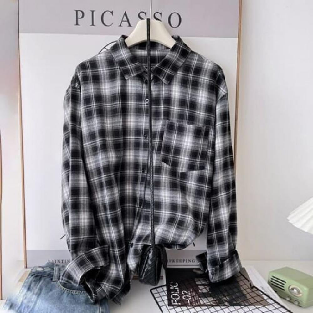 Navava Women Vintage Casual Check Long Sleeve Shirt Nb2996