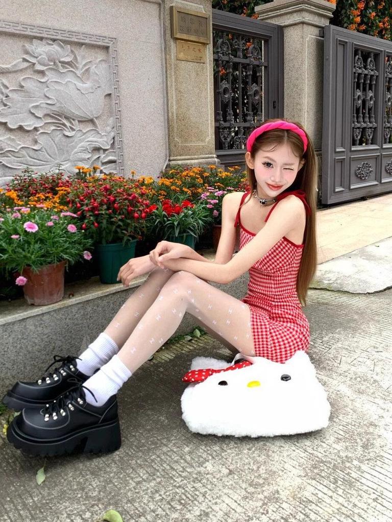 Women's Red Plaid Backless A-Line Dress: Summer Suspender Style, Mid-Length & Slim Fit