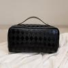 Sac Organisateur de Maquillage pour Femme en Cuir PU Sac à Main de Rangement Maquillage Tissage en losanges Grande Ouverture Sac à Maquillage pour la Maison Voyage d'Affaires