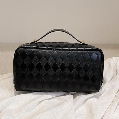 Sac Organisateur de Maquillage pour Femme en Cuir PU Sac à Main de Rangement Maquillage Tissage en losanges Grande Ouverture Sac à Maquillage pour la Maison Voyage d'Affaires