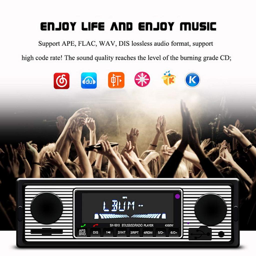 1din 5513 Car MP3 Player with FM Modulator, Bluetooth Music, Vintage Audio, USB Stereo Radio with AUX Function, Hands-Free AUX