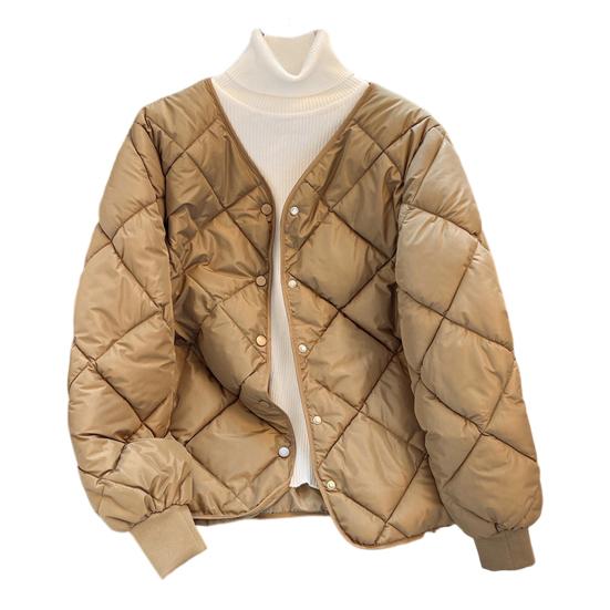 Winter Down Coat with Pockets Padded V Neck Rhombus Stitching Zip-up Windproof