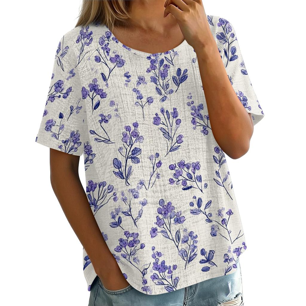 Damen Vintage Print Kurzarm Top - Rundhalsausschnitt, Baumwoll-Leinen-Stoff