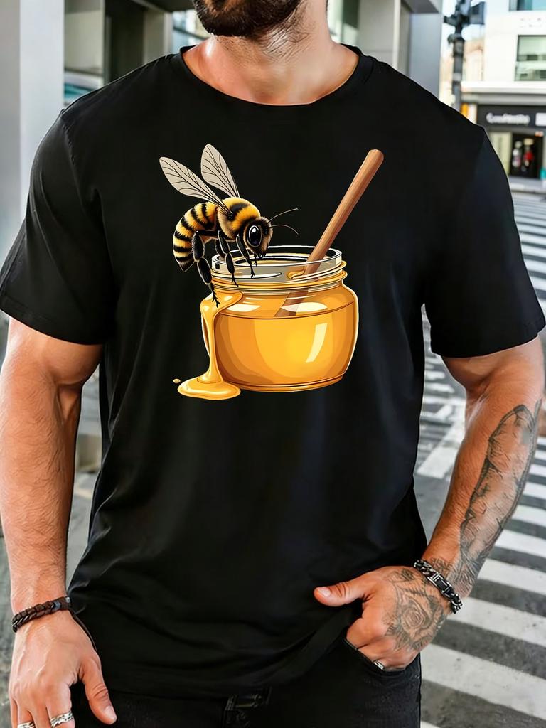 Men Cartoon Bee With Dripping Honey Jar Graphic Cotton Short Sleeve Tee Crew Neck Soft Male Sum