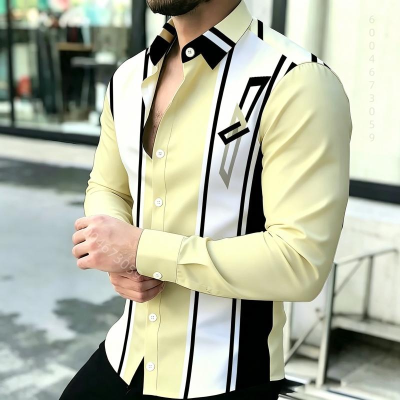 Men's Shirt with Contrasting Striped Print, Slim Fit Collar, Long Sleeved Business Casual Shirt, Available In Multiple Colors