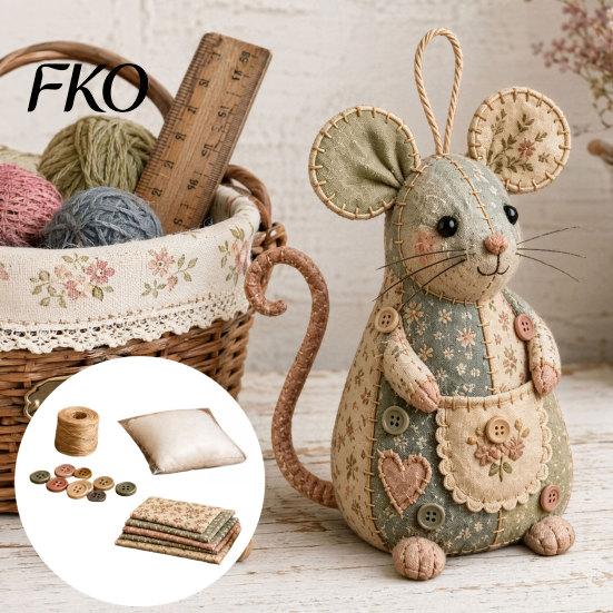 Mouse Plush Toy DIY Patchwork Sewing Kit, Handmade Craft Set with Floral Fabric, Stuffing & Stuffed Animal Kit Buttons, Cute Ornament for Beginners