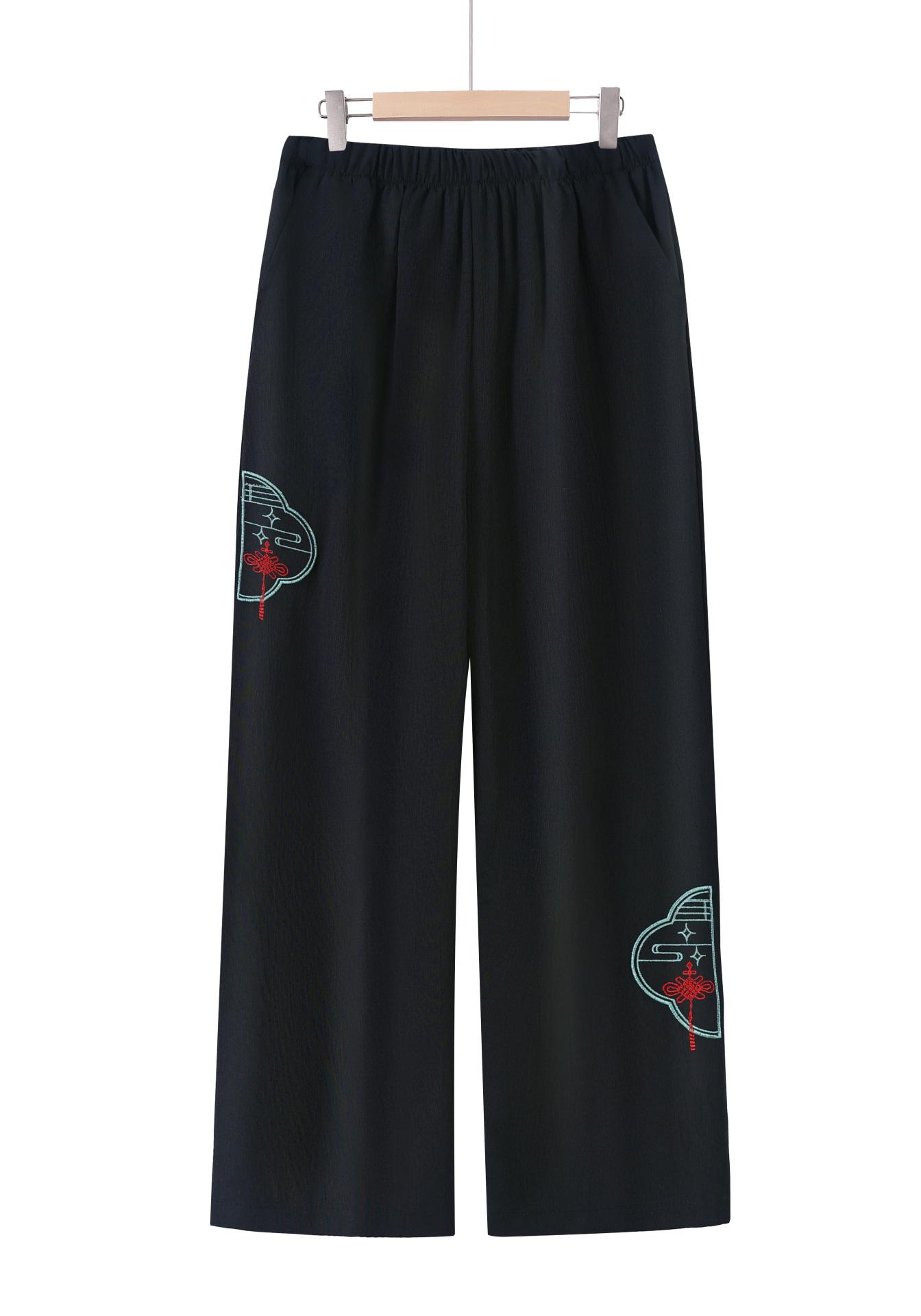 Women s Retro Embroidered Cotton Wide-Leg Pants 3XL