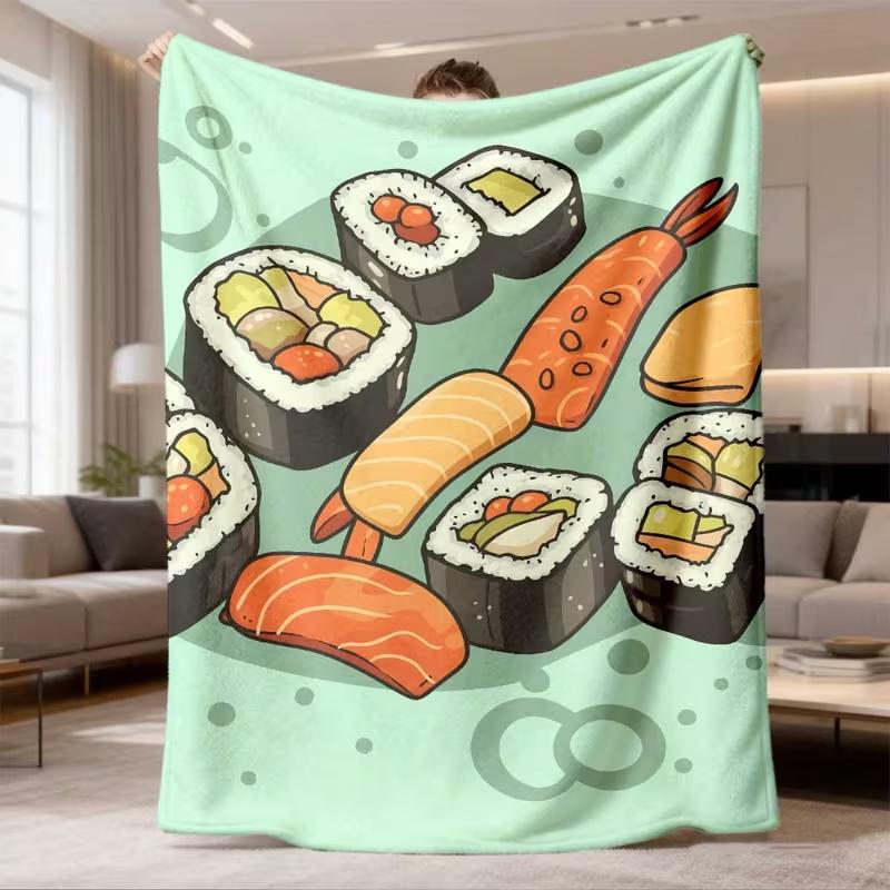 Cute Cartoon Sushi Salmon Seafood Print Mint Background Cozy Blanket Food Lover Sofa Bed Lightweight Nap Blanket