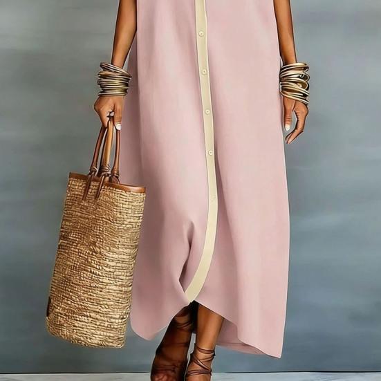 Sommer-Maxikleid für Damen Knopfleiste Kurzarm Tunika-Hemdkleid Lässig Reise Urlaub Locker Lang