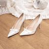 Fashion Women White Satin Bow Pearl Wedding Shoes High Heels Bridal Party Dress Shoes Red