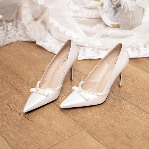 Fashion Women White Satin Bow Pearl Wedding Shoes High Heels Bridal Party Dress Shoes Red