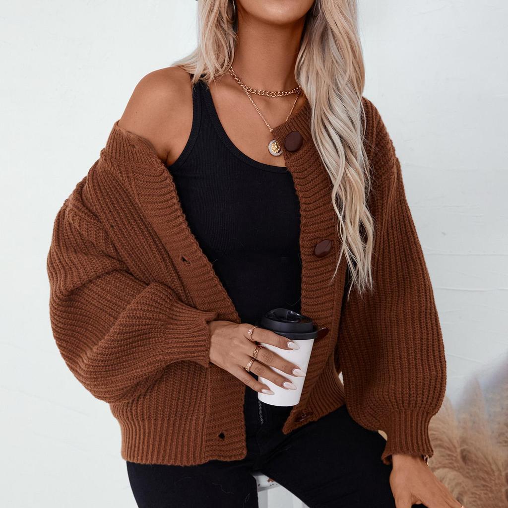 Autumn Winter Vintage Loose Long Sleeve Top Solid Color Cardigan Knitwear V-Neck Sweater
