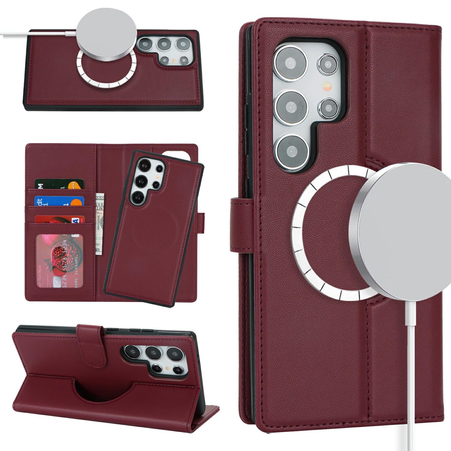 

Для Samsung Galaxy S24 Ultra Чехол-кошелек Совместимый с MagSafe Противоударный Съемный Чехол для телефона из ПУ кожи Wine Red