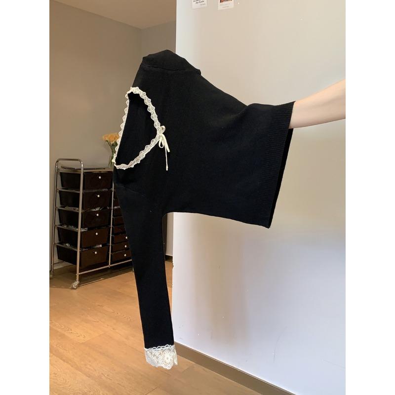 

Lace tie-up neck knitted sweater women s autumn and winter fashion age-reducing inner long-sleeved pure desire sweet Spice Girl bottoming top L чёрный