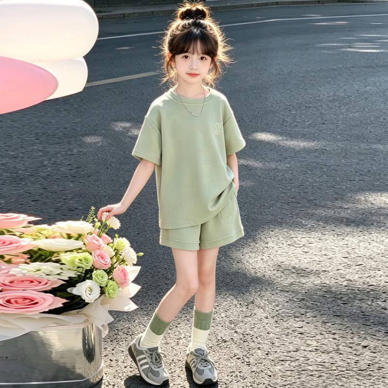 Girls Korean Style Summer Sports Set: Short Sleeve & Shorts Two-Piece 150cm
