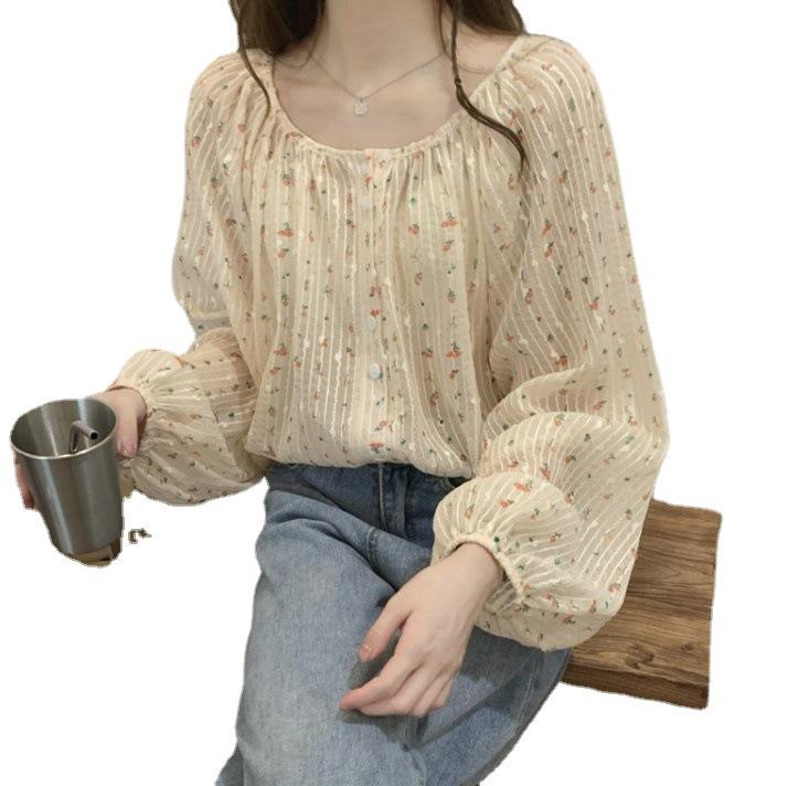 Early Spring and Autumn Small Fresh Chiffon Floral Shirt Women's Design Sense Niche Chic Thin Hong Kong Style Long-sleeved Shirt Summer