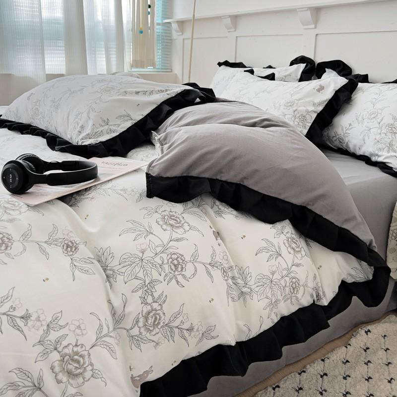 Washed Cotton Ruffle Bedding Set French Hepburn Style Floral Sets