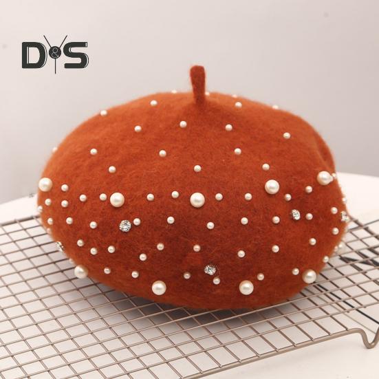 Baskenmütze für Damen, Kunstperlen, Strass-Dekor, Vintage-Wollmütze im englischen Stil, ohne Krempe, einfarbig, verstellbare Träger, Kürbismütze