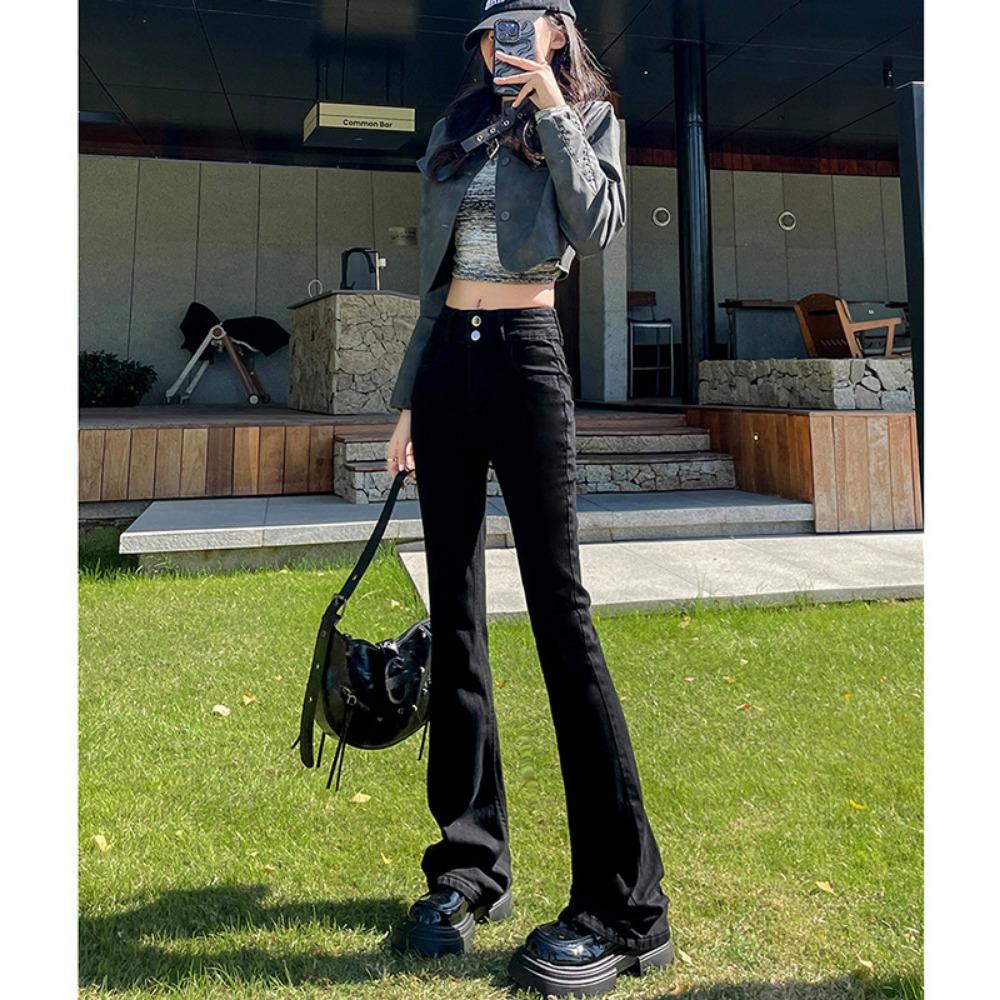 Spring and autumn new double-buckle micro-horn jeans women's high-waisted slim-fitting and thin elastic horn jeans tide