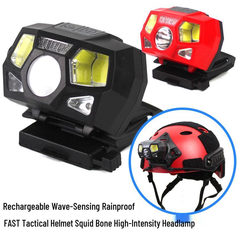 Multi-Mode Waterproof Helmet Headlight with XPE+COB LED, Wave Induction, and USB Rechargeable.