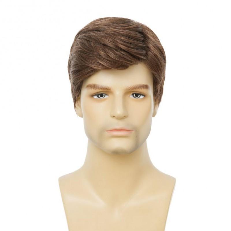Mens Fashion Short Wig Brown Side Part Straight High Temperature Fiber Hairpiece Daily Wear