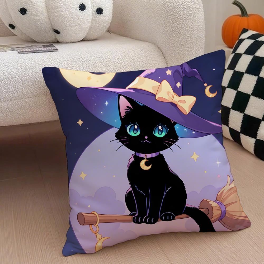 Character Spooky Halloween magic cat Cushion Cover Throw Pillow Cover Hidden Button Durable Polyester Chair Cushion