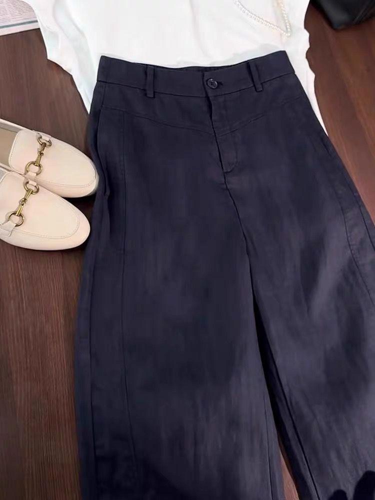 Women s Summer 2026 Dark Blue High-Waisted Wide-Leg Linen Pants S
