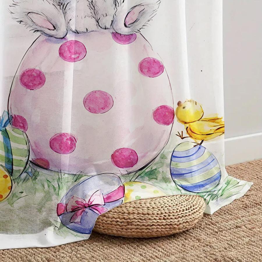 1PC Watercolor Rabbit and Easter Egg, Chick and Butterfly Patterned Gauze Curtain, Suitable for Bedrooms and Living Rooms