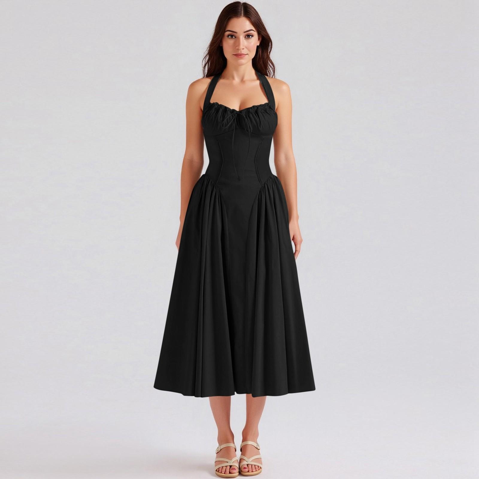 

Женское модное летнее бохо-однотонное платье без рукавов с застежкой-молнией и кружевом L чёрный