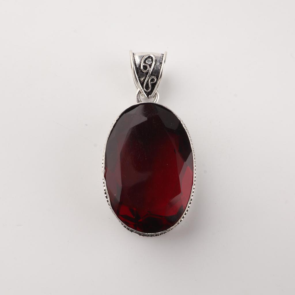 Mozambique Garnet Gemstone Silver Pendant 1.8" , 925 Sterling Silver Handmade Vintage Pendant For Women PP-71-3