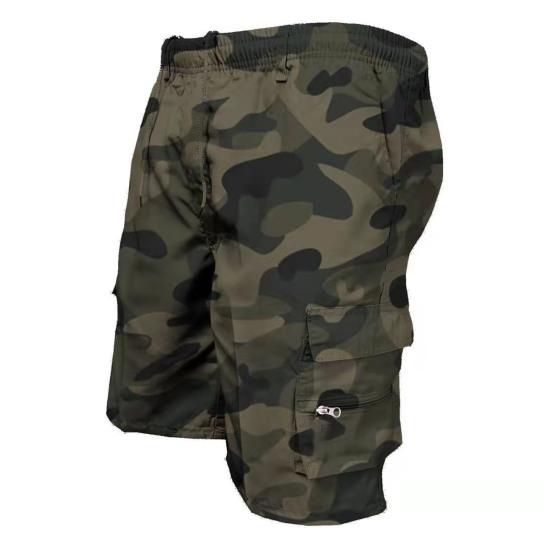 Men Cargo Shorts Drawstring Elastic Waist Multi Zipper Pockets Solid Color Loose Soft Breathable Camouflage Print Knee Length Daily Sports Shorts