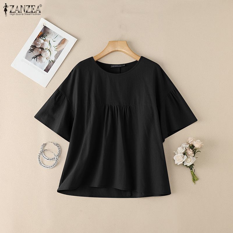 ZANZEA Damen Freizeit Rundhals Einfarbig Kurzarm Bluse