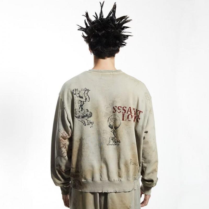 SSSAINT LOUIS Vintage Distressed Graphic Print Hoodie Mens Loose Fit Long Sleeve Pullover
