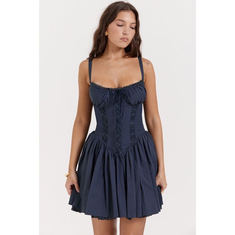 

European and American Sexy Women clothes Lace Stitching Waist Hugging Sling Skirt Women s Birthday Black Dress Navy blue L