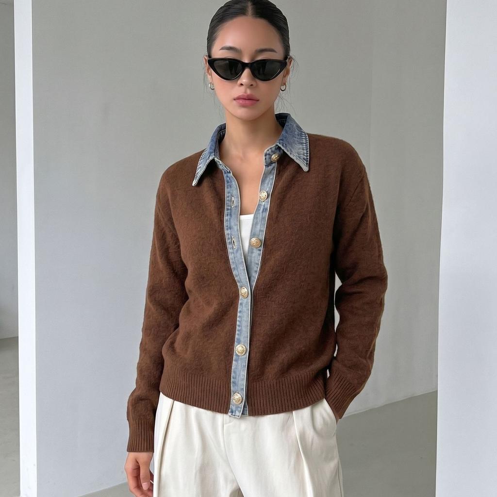 Denim splicing fake two-piece lapel knitted cardigan European, American autumn and winter loose women's long-sleeved top