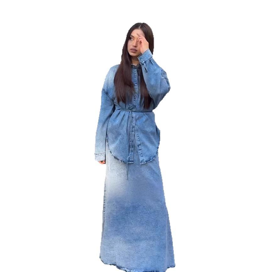2025 Cross-border European and American Autumn New Denim Waist Hip Skirt Fashion Lace-up Long-sleeved Top Elegant