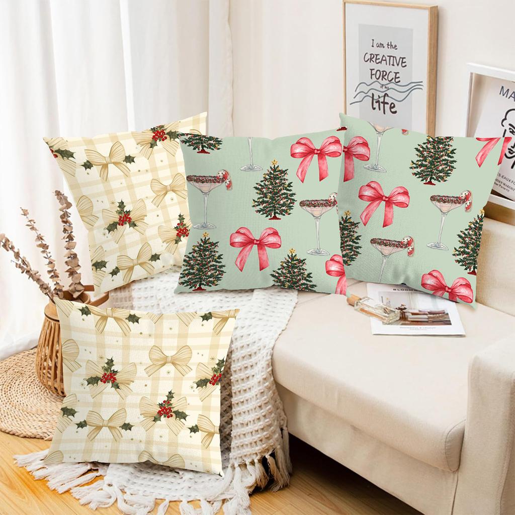 Christmas Pattern Pillows With Bow Tree And Wine Glass Polyester pillowcase, sofa decorative cushion cover, bedside throw pillow