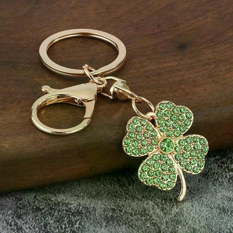 Trendy Exquisite Rhinestone Four-leaf Clover Keychain Lucky Luxury Metal Keyring For Women Bag Charms Key Holder Pendant