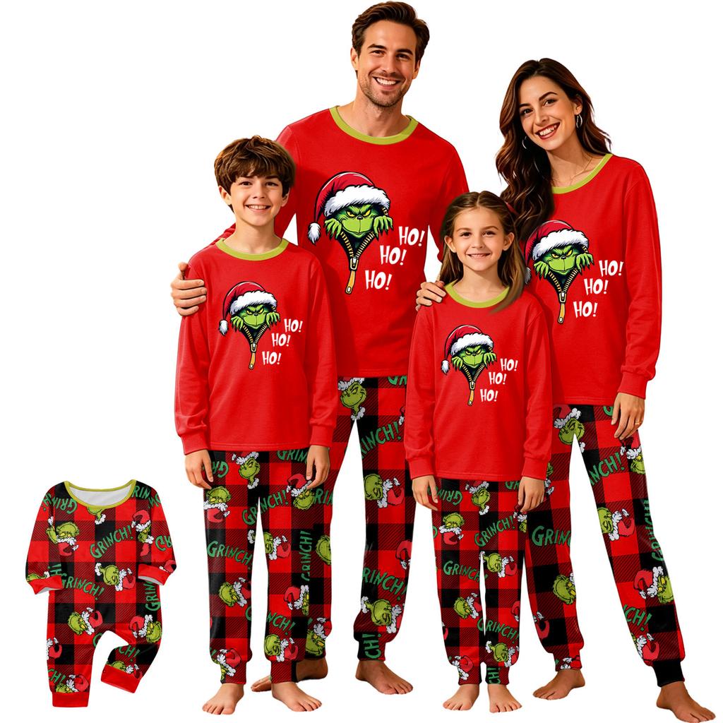 Weihnachtsdruck Familien-Partnerlook-Pyjama-Set mit Rundhalsausschnitt Langarm-Oberteil und Langer Hose