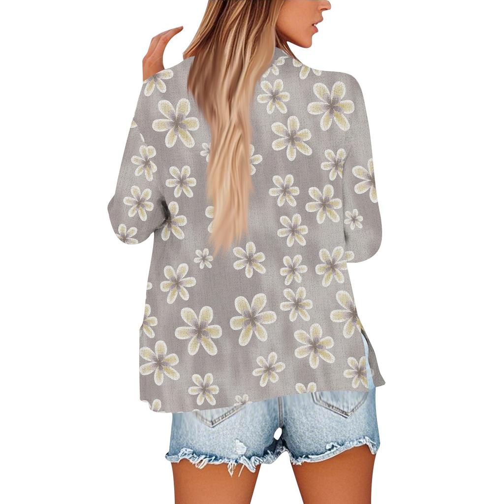 Women's Loose Floral Print Stand Collar Long Sleeve Cotton And Linen Top