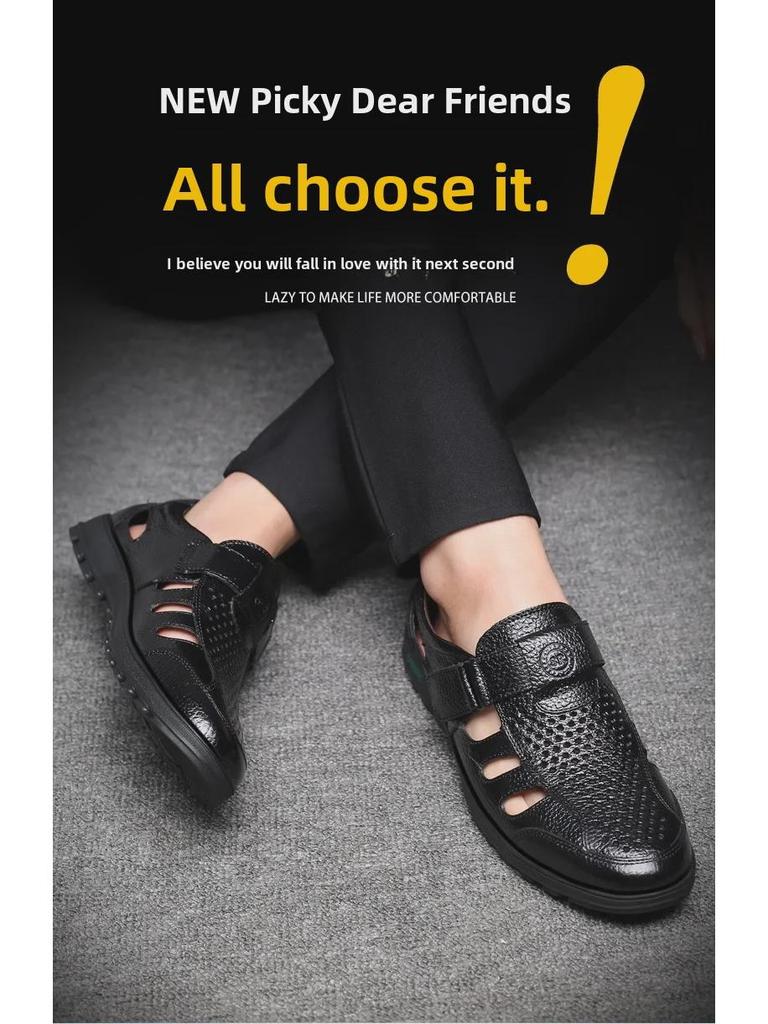 Herrsommar Sandaler i andningsbart läder - Svarta Casual Koreansk stil Formella skor