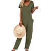 Dames Casual Korte Mouwen Hoge Taille Zakken V-hals Losse Jumpsuits Lange Broeken Wijde Rompers