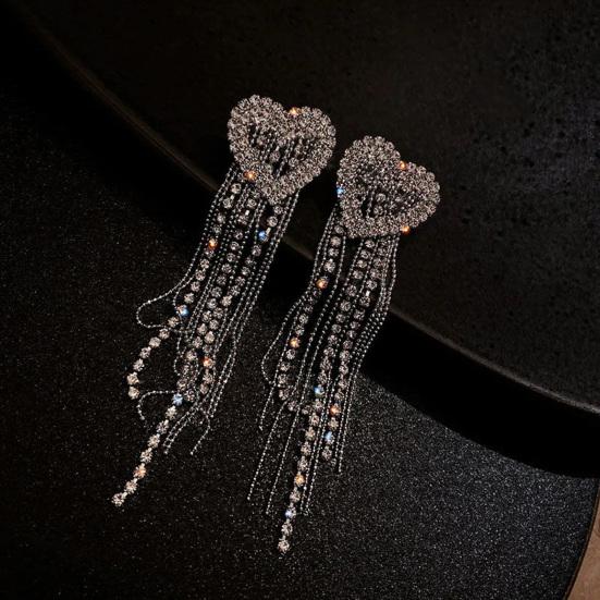 1 Pair Women Dangle Earrings Heart Rhinestone Jewelry All Match Tassels Stud Earrings