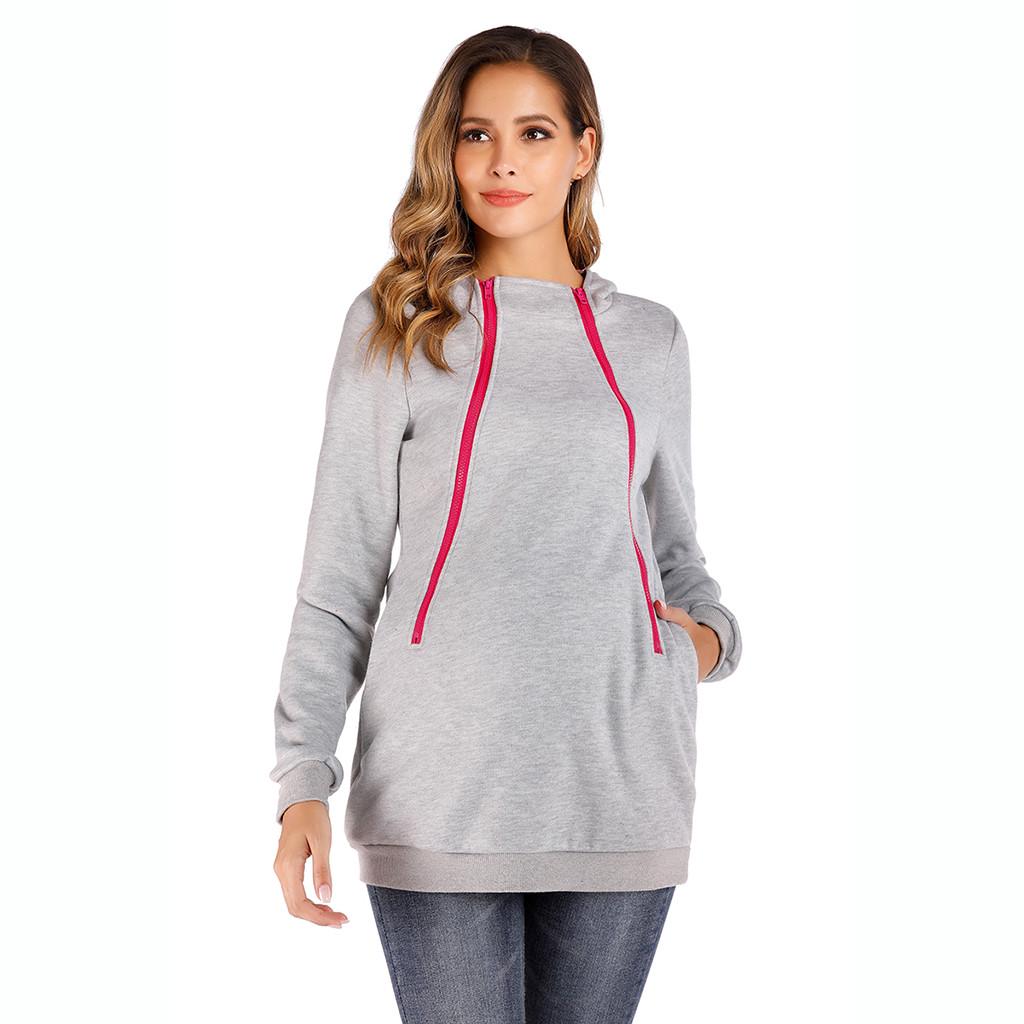 Women Maternity Zipper Long Sleeved Hooded Collar Blouse Sweatshirt