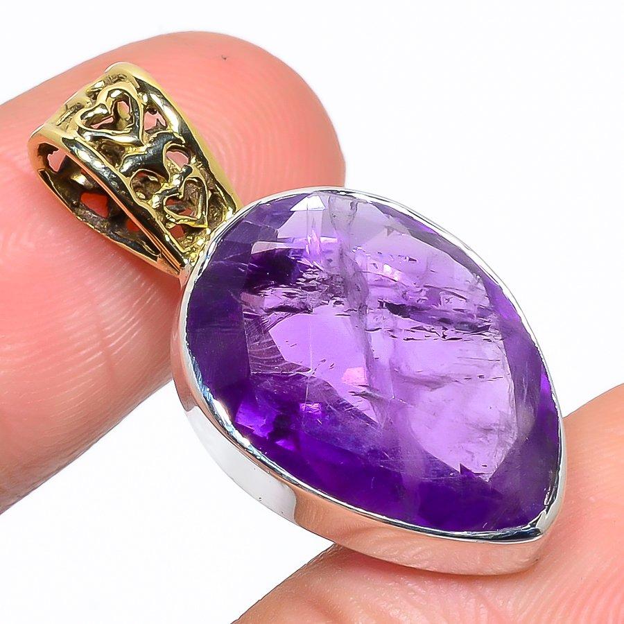 

Natural African Amethyst Gemstone 925 Sterling Silver TwoTone Pendant 1.34 S7f87