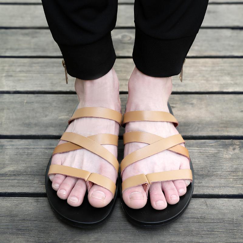 2025 Men s Non-Slip Leather Beach Sandals - Soft Sole, Casual Summer Roman Flip-Flops 44 907 коричневый